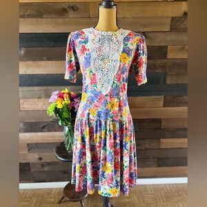 Vintage Expo Playful Colorful Floral Dress Lace Neck Detailing Made In USA